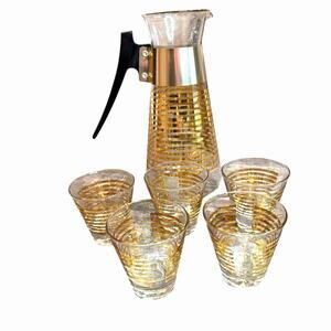 Vintage Colony Glass Style Gold Stripe Carafe Set w 5 Tumblers Mid Century